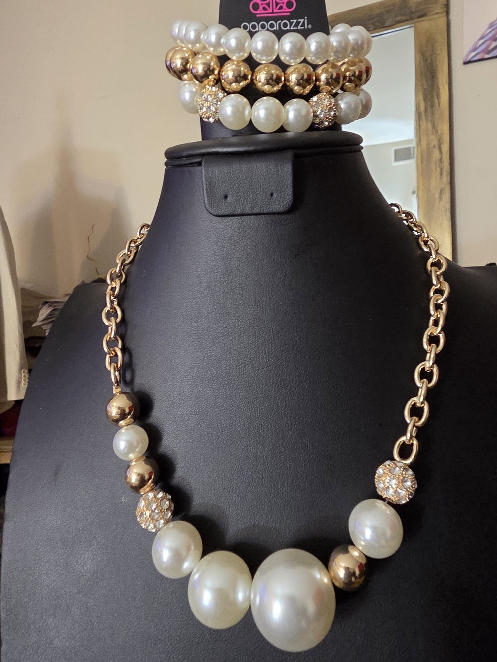 paparazzi Gold & Pearl Pavé Statement Necklace and Bracelet Set